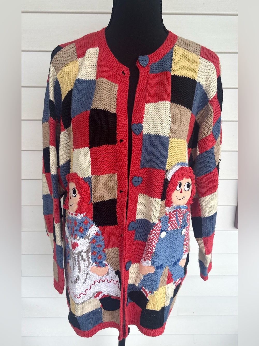 Vintage Design Options Raggedy Ann Andy Cardigan Sweater Patchwork Size XL